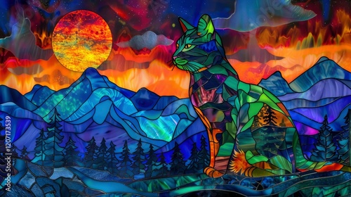 Wallpaper Mural Colorful stained glass illustration of a cat in the mountains at sunset Torontodigital.ca