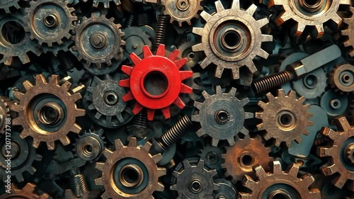 Close up of a collection of gears, with one red gear standing out from the rest. The red gear is located in the middle of the group of gears, surrounded by a variety of different sizes and shapes