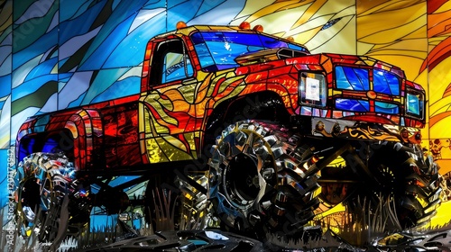 Colorful stained glass window  A red truck and a car on a desert road at night, 