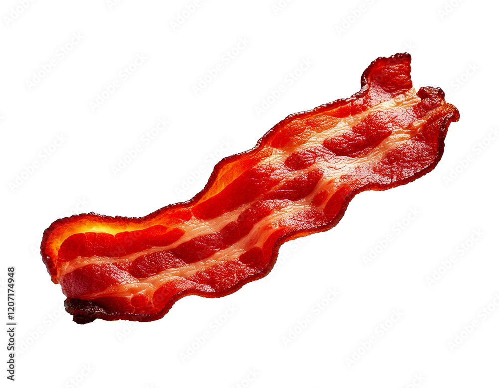 Transparent PNG format, isolated single bacon slice flying, positioned mid-air, floating, minimalistic, no added shadows, crispy texture visible, reddish-brown tones, white background, detailed edges,