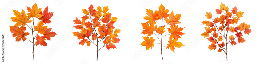Vibrant autumn foliage with orange red and yellow maple leaves on tree branches set against a clean white background Colorful and scenic natural display of seasonal change and botanical beauty Vibrant autumn foliage with orange red and yellow maple leaves on tree branches set against a clean white background Colorful and scenic natural display of seasonal change and botanical beauty