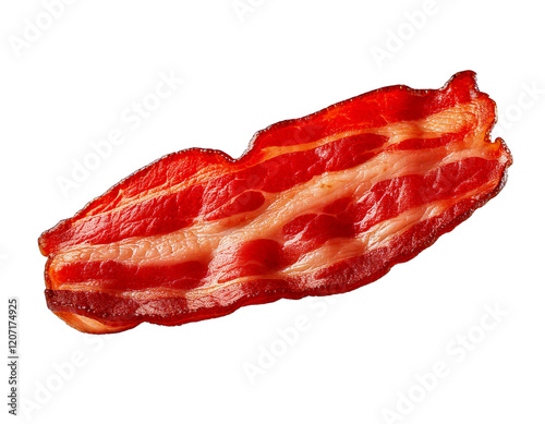 Transparent PNG format, isolated single bacon slice flying, positioned mid-air, floating, minimalistic, no added shadows, crispy texture visible, reddish-brown tones, white background, detailed edges,