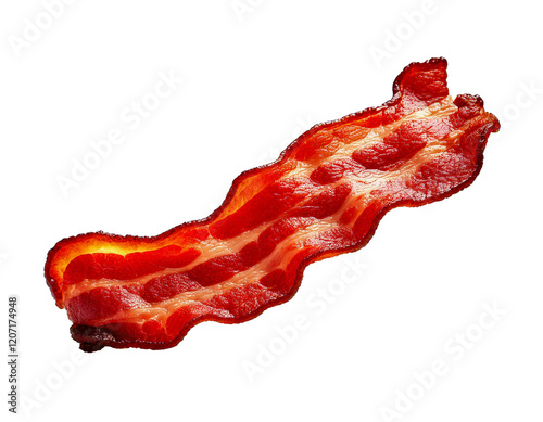 Obraz na płótnie Transparent PNG format, isolated single bacon slice flying, positioned mid-air, floating, minimalistic, no added shadows, crispy texture visible, reddish-brown tones, white background, detailed edges, w salonie