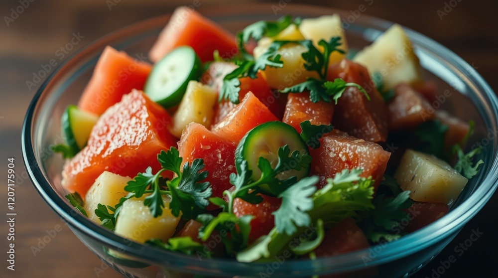 Refreshing summer salad with watermelon, cucumber, and potatoes. Perfect for a light and healthy meal.
