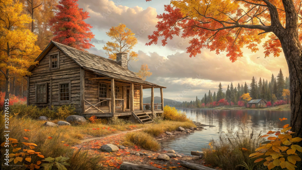 Obraz premium The autumn scene depicts a cozy wooden hut located on the shore of a calm lake. Around the house are trees with golden and bright red leaves.