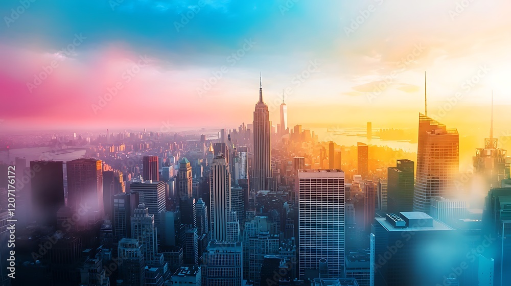 Aerial view of a vibrant city skyline with iconic landmarks and bustling streets Aerial view of a vibrant city skyline with iconic landmarks and bustling streets