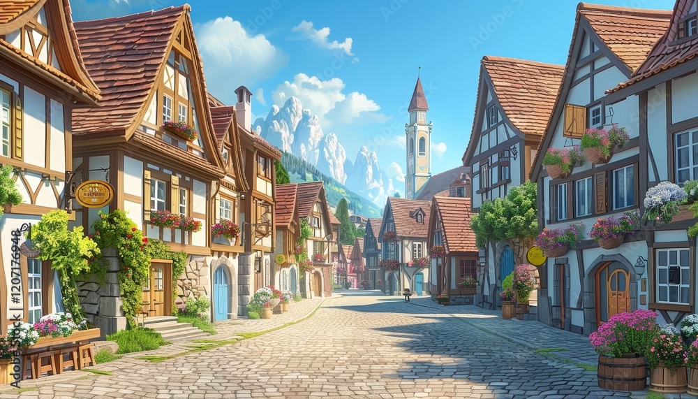 Obraz premium A picturesque cobblestone street lined with charming houses in a quaint European village, with a backdrop of snow-capped mountains and a clear blue sky.