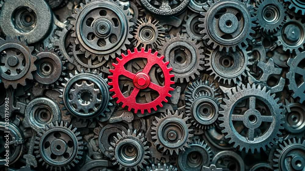 Red gear is placed in the middle of a collection of other gears. The red gear stands out among the other gears, which are all black. The red gear is surrounded by a variety of different sizes Red gear is placed in the middle of a collection of other gears. The red gear stands out among the other gears, which are all black. The red gear is surrounded by a variety of different sizes