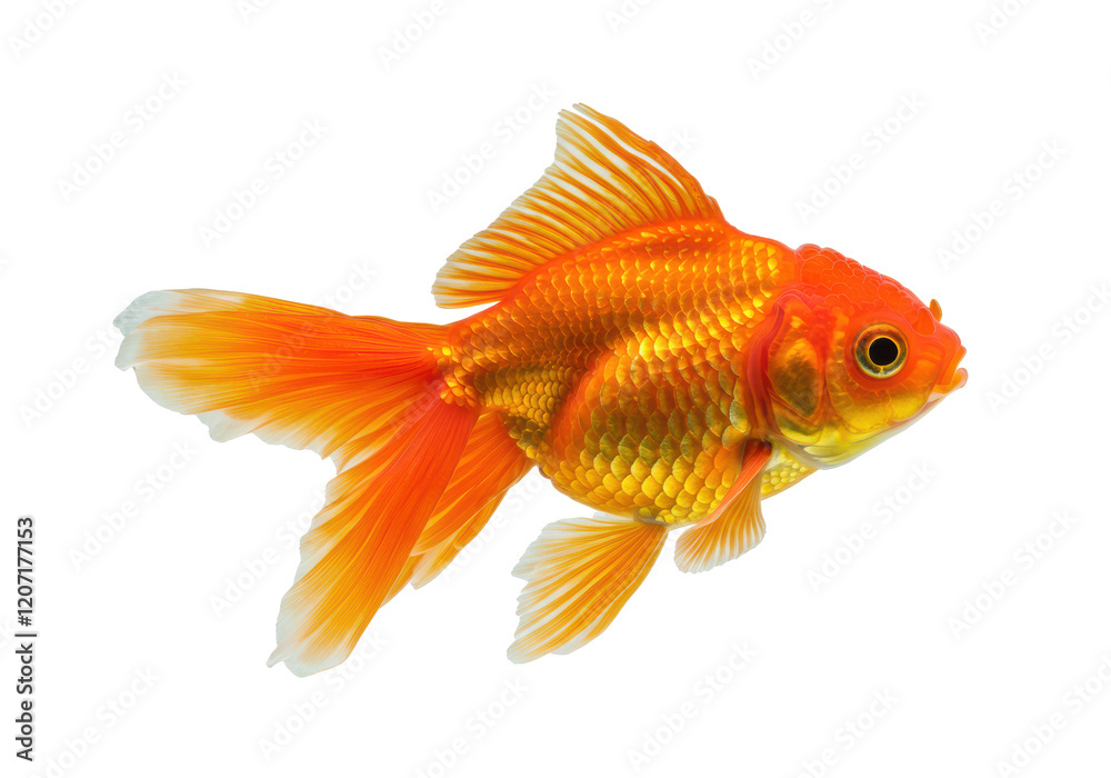 A vibrant orange goldfish with long, flowing fins, isolated on a white background A vibrant orange goldfish with long, flowing fins, isolated on a white background