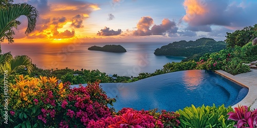 Wallpaper Mural  Infinity Pool Overlooking Ocean with Lush Greenery and Pink Sunset Torontodigital.ca