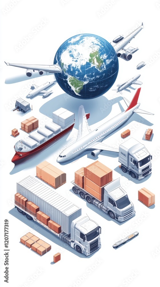 Fototapeta premium Global Logistics and Transportation Network: Worldwide Shipping and Delivery System Illustrated
