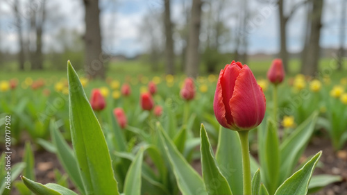 Single red tulip in a colorful spring meadow	 photo