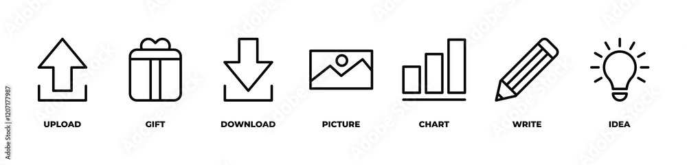 A Journey of Gifts, Charts, and Inspiration icons set vector illustration upload, gift, download, picture, chart, write, idea A Journey of Gifts, Charts, and Inspiration icons set vector illustration upload, gift, download, picture, chart, write, idea