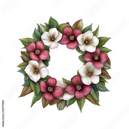 Elegant Floral Wreath of Burgundy and White Dogwood Blossoms photo