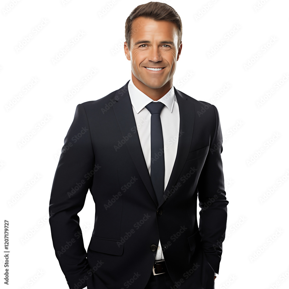 Professional businessman standing with hands in pockets, isolated white background, digital illustration for website UI background Professional businessman standing with hands in pockets, isolated white background, digital illustration for website UI background