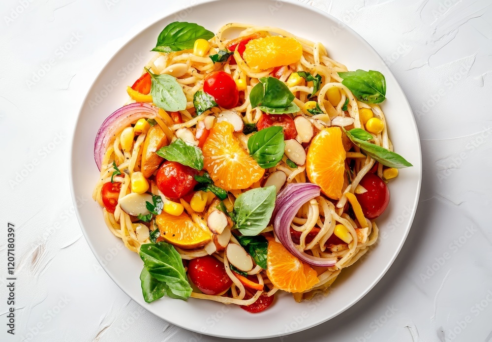 Delicious pasta salad with mandarin oranges, cherry tomatoes, corn, red onion, almonds, and basil. Delicious pasta salad with mandarin oranges, cherry tomatoes, corn, red onion, almonds, and basil.