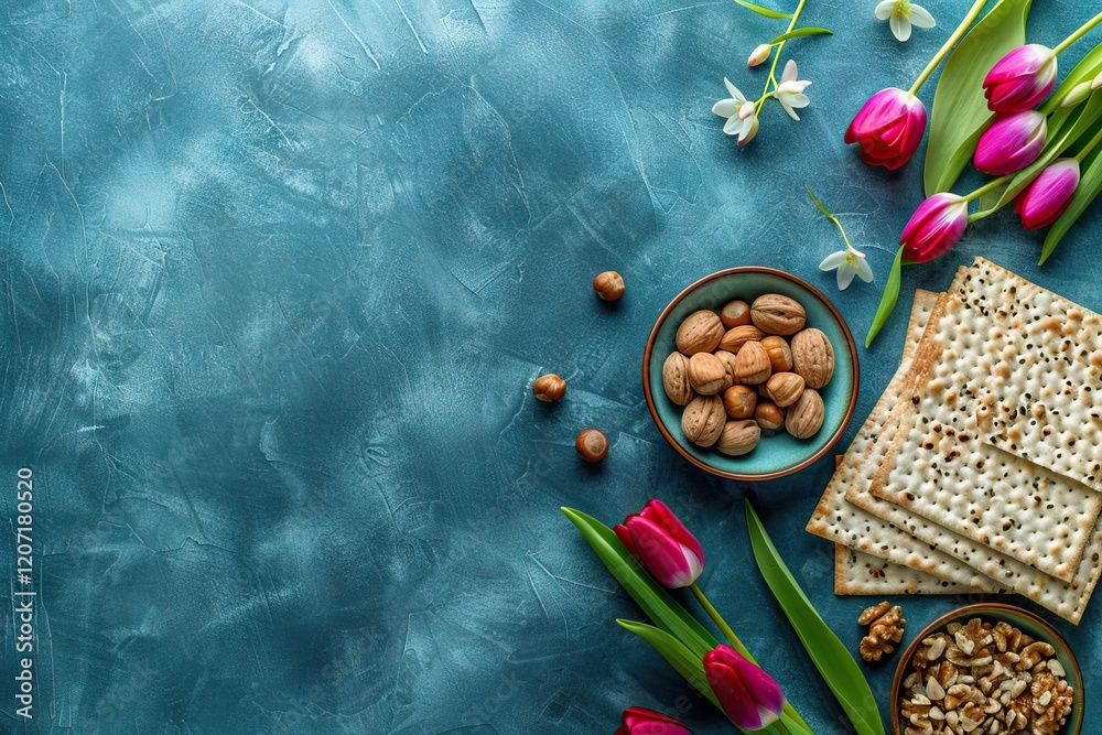 Passover greeting card with matzah nuts tulips on blue table.