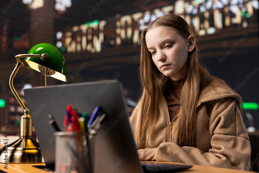 Fototapeta premium University student engrossed in research on foreign affairs via primary source materials and academic resources to create a perfect assignment. Girl working hard for a scholarship and certificate.