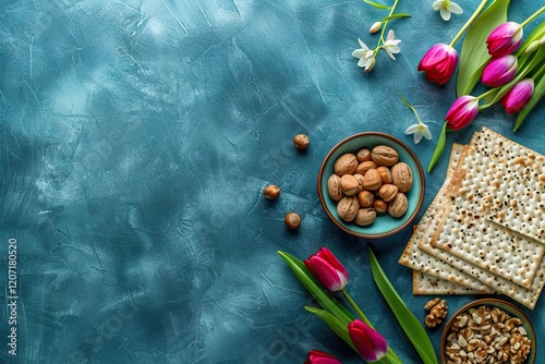 Obraz na płótnie Passover greeting card with matzah nuts tulips on blue table. w salonie