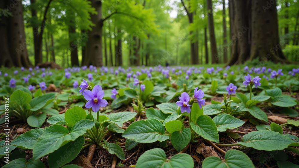 Purple wildflowers blooming in a shaded forest Purple wildflowers blooming in a shaded forest