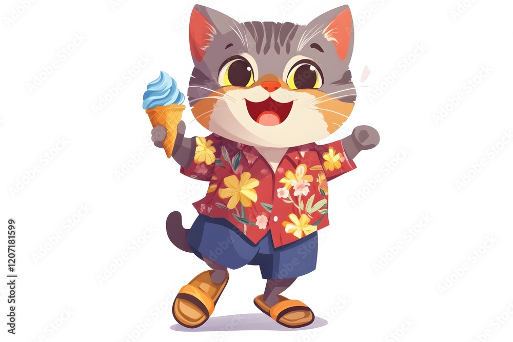 Smiling Cartoon Cat Enjoys Sunny Day. Playful and joyful concept Smiling Cartoon Cat Enjoys Sunny Day. Playful and joyful concept