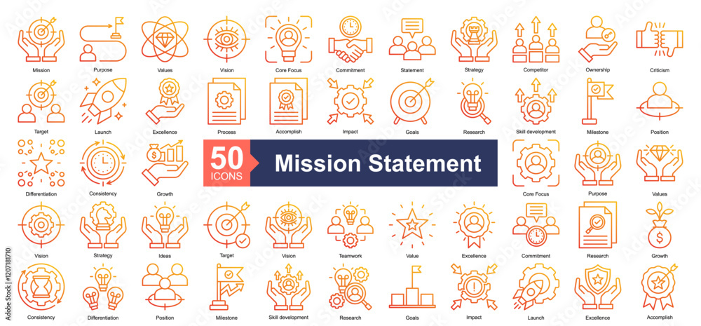 Fototapeta premium Mission Statement Icon Collection Set.Containing Mission, Purpose, Values, Vision, Core Focus, Commitment, Statement, Strategy icon. Simple line gradient style Vector Illustration.