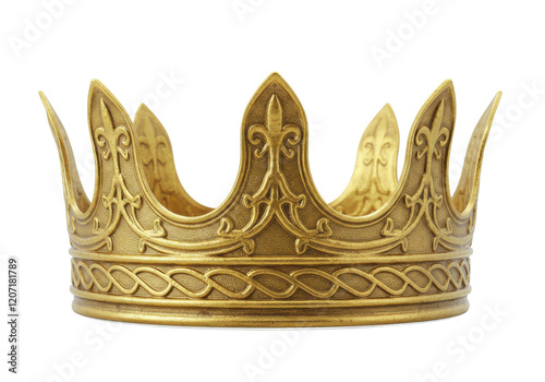 golden crown with intricate detailing and rounded tips isolated on white background photo