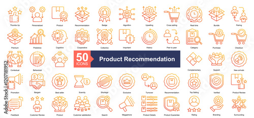 Product Recommendation Icon Collection Set.Containing Personalized, Product, Recommendation, Badge, Algorithm, Upselling, Cross selling, Real time icon. Simple line gradient style Vector Illustration.