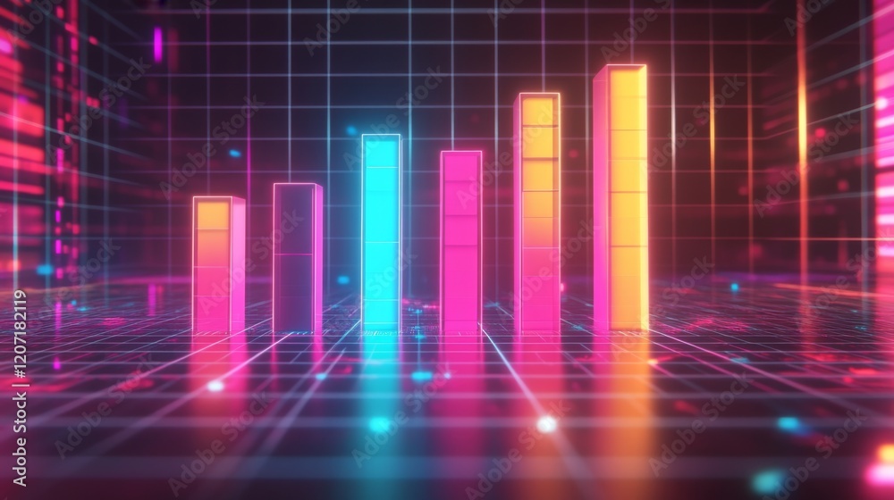 A dynamic D bar graph with multicolored bars arranged in a rising trend, displayed on a digital grid background with glowing highlights A dynamic D bar graph with multicolored bars arranged in a rising trend, displayed on a digital grid background with glowing highlights