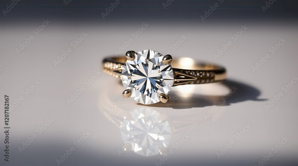Elegant diamond ring on reflective surface. Sparkling solitaire gemstone set in a gold band. Elegant diamond ring on reflective surface. Sparkling solitaire gemstone set in a gold band.