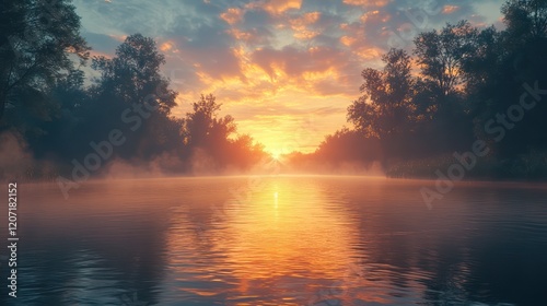Misty River Sunset: A Serene Landscape