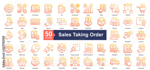 Sales Taking Order Icon Collection Set.Containing Automation, CRM, E-commerce, Inventory, Pos Terminal, Omnichannel, Sales icon. Simple line gradient style Vector Illustration.	