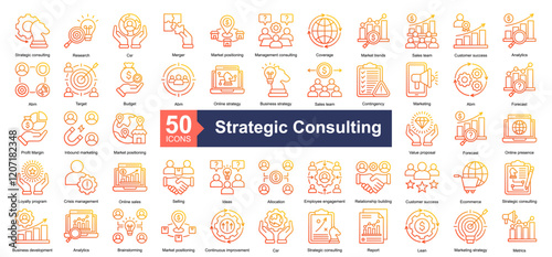 Strategic Consulting Icon Collection Set.Containing Strategic, Research, Csr, strategic consulting, Market positioning icon. Simple line gradient style Vector Illustration.
