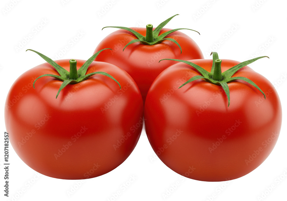 three fresh red tomatoes with green stems isolated on white background three fresh red tomatoes with green stems isolated on white background