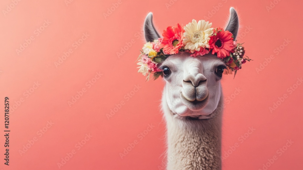 Fototapeta premium A charming llama with a floral wreath against a solid peach background, portrait style, studio shot
