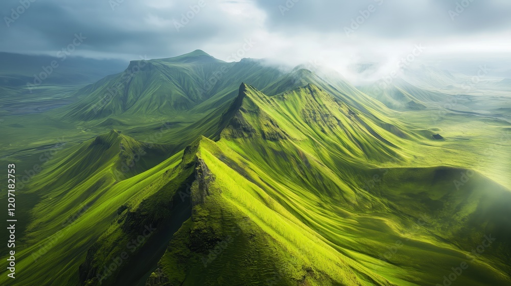Fototapeta premium The verdant mountains stretch endlessly, their vibrant hues contrasting beautifully with the soft, textured clouds above, offering a serene and awe-inspiring view.