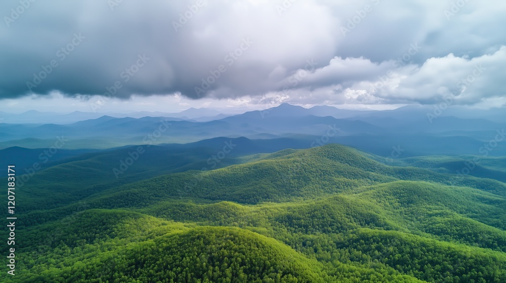 Fototapeta premium The verdant mountains stretch endlessly, their vibrant hues contrasting beautifully with the soft, textured clouds above, offering a serene and awe-inspiring view.