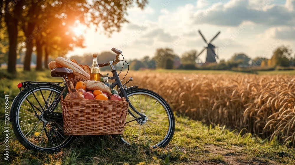 Naklejka premium Bicycle picnic basket countryside sunset windmill