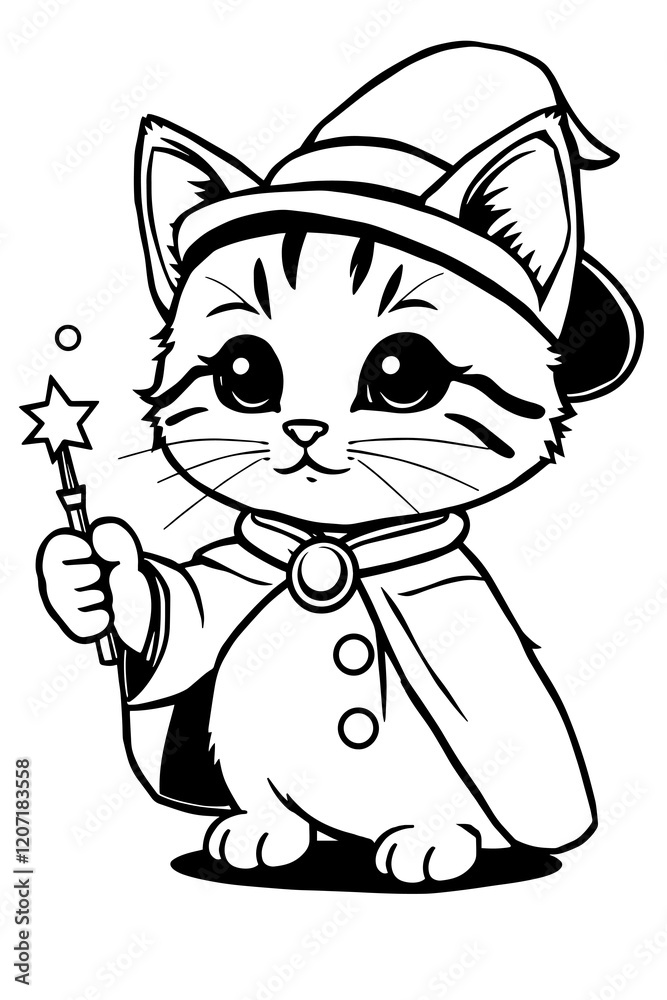 Obraz premium A black and white drawing of a cute kitten as a magician. He holds a magic wand and looks like a real hero. Suitable for coloring.