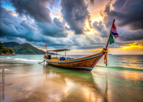 Long exposure: Phuket's Kata Beach, a Thai longtail boat; cloudy day, a vibrant flag adds color. photo