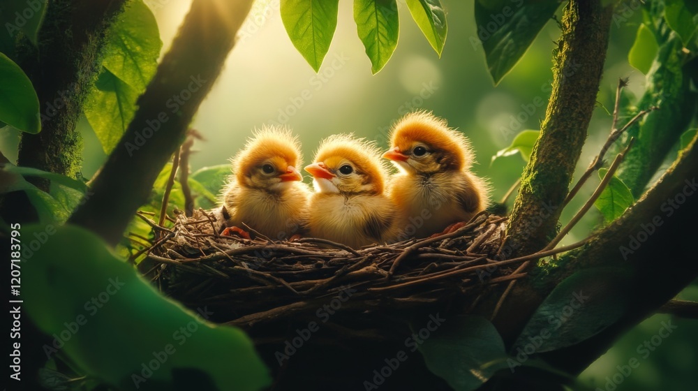 A dynamic photograph of a nest with baby birds chirping, framed by branches and leaves, capturing the lively atmosphere of a natural habitat A dynamic photograph of a nest with baby birds chirping, framed by branches and leaves, capturing the lively atmosphere of a natural habitat