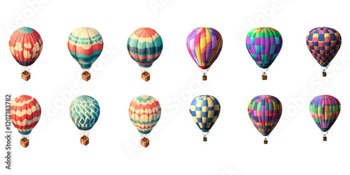 A set of hot air balloons in different colors on a white background
