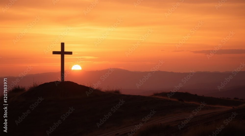 Sunset silhouette of a cross atop a hill, overlooking a vast landscape. Peaceful and serene. Sunset silhouette of a cross atop a hill, overlooking a vast landscape. Peaceful and serene.