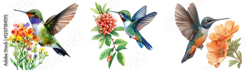 Three vibrant hummingbirds in flight, watercolor style, near colorful flowers, isolated on transparent background. Perfect for textile design, greeting cards, and nature-themed projects.