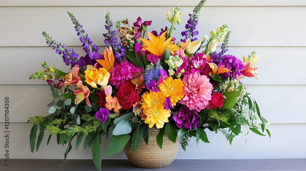 Fototapeta premium A vibrant bouquet of colorful spring flowers is elegantly arranged in a florist shop, showcasing the beauty of seasonal blooms.