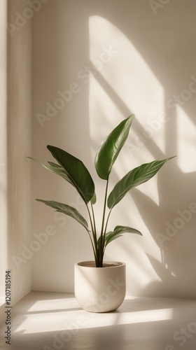 Lush green houseplant basking in sunlight near a window, creating a peaceful and natural home decor