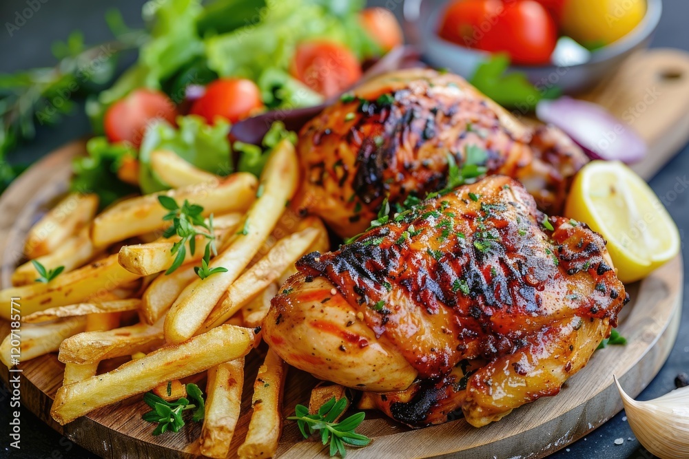 Delicious grilled chicken with french fries and salad