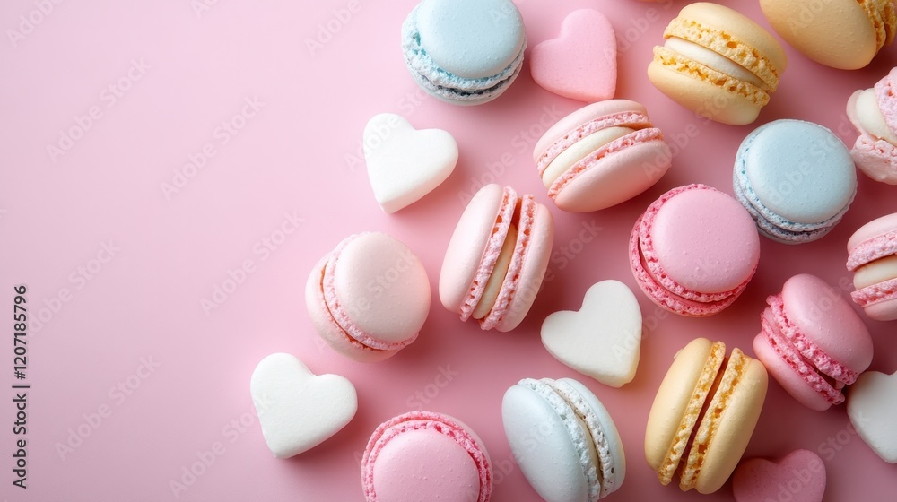 Fototapeta premium Assorted Colorful Macarons and Heart-Shaped Cookies on Pink Surface