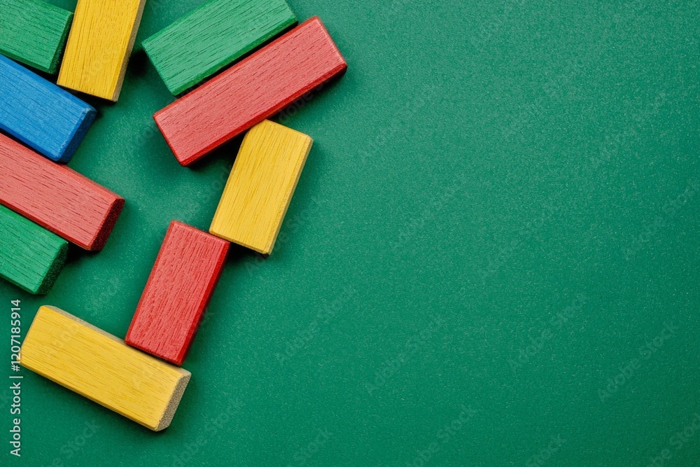 Fototapeta premium Colorful wooden building blocks on a green background