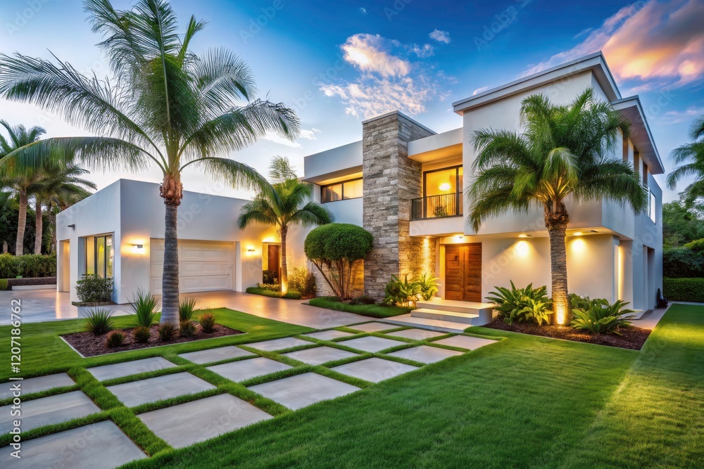 Modern white house, palm trees framing, stone accents, city exploration. Modern white house, palm trees framing, stone accents, city exploration.
